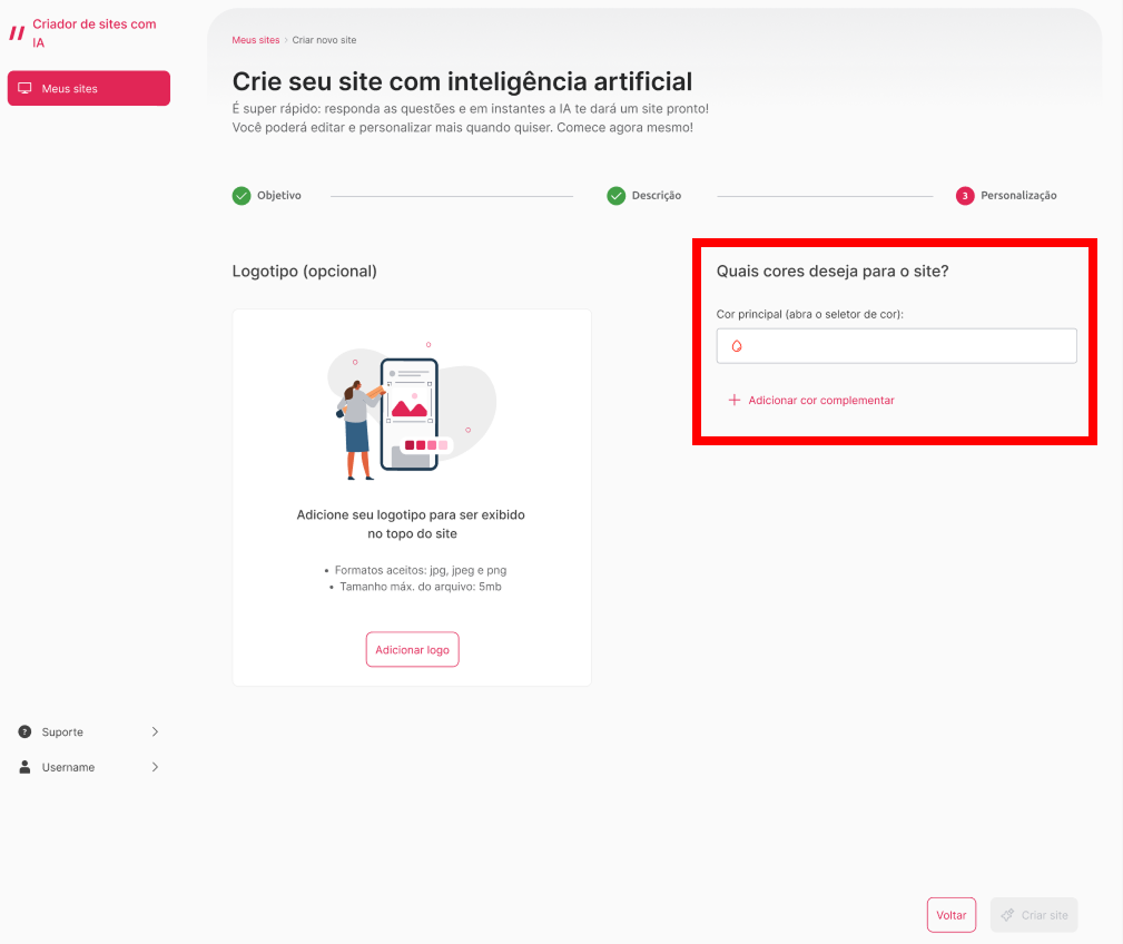 [Alt text: Imagem da terceira etapa de criação de um site. O lado direito da página está em destaque, pois é onde os campos de cor primária e cores complementares estão.